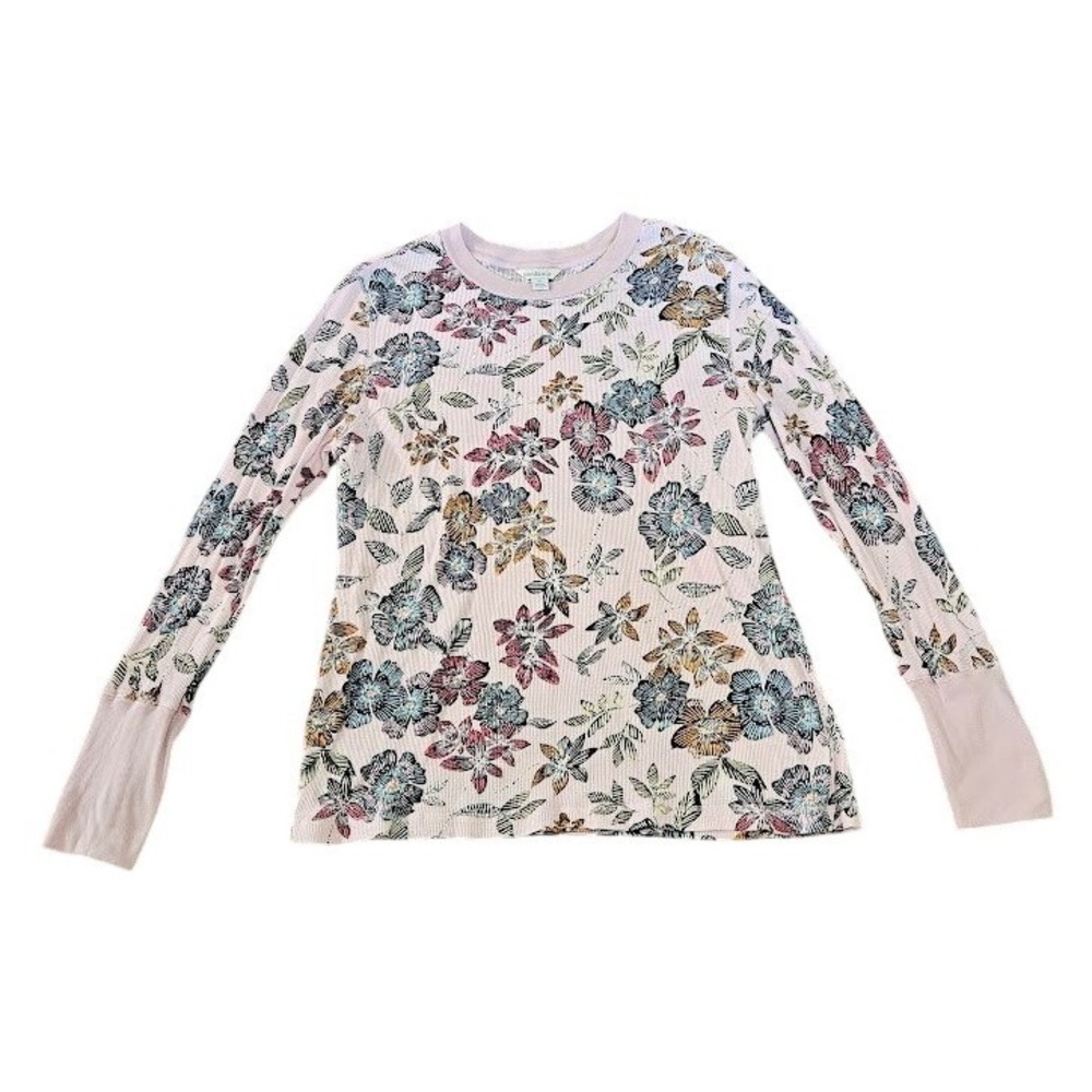 Sundance Floral Thermal Knit Top Pink Waffle Knit Button Cuff Women XL